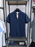 Men's Pure  Short-Sleeve Shirt, High Quality, Suitable for Business, Outerwear, Home, Gatherings, Parties, Skin-Friendly, Breathable, Fine Texture, Mature Style - Medium Blue