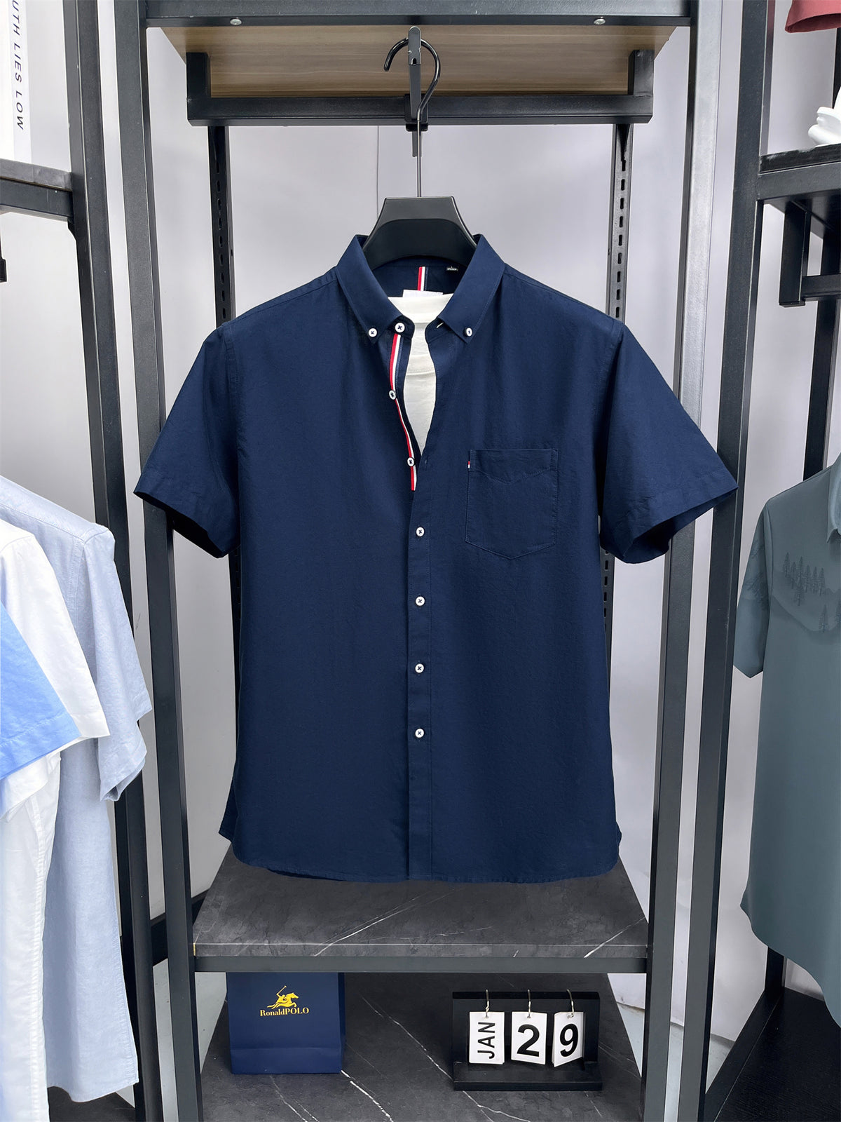 Men's Pure  Short-Sleeve Shirt, High Quality, Suitable for Business, Outerwear, Home, Gatherings, Parties, Skin-Friendly, Breathable, Fine Texture, Mature Style - Medium Blue