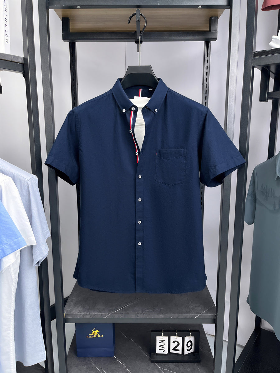 Men's Pure Short-Sleeve Shirt, High Quality, Suitable for Business, Outerwear, Home, Gatherings, Parties, Skin-Friendly, Breathable, Fine Texture, Mature Style - Medium Blue