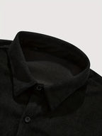New Solid Color Spring/Autumn Men's Fashion Casual Corduroy Jacket, Lapel Single-Breasted Button Cardigan Style with Chest Pocket, Loose Fit, Can Be Worn as an Inner or Outer Layer - Black