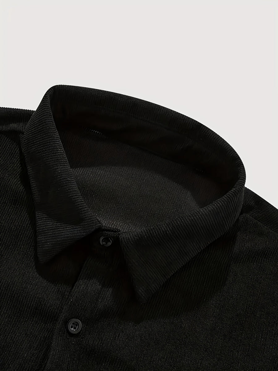 New Solid Color Spring/Autumn Men's Fashion Casual Corduroy Jacket, Lapel Single-Breasted Button Cardigan Style with Chest Pocket, Loose Fit, Can Be Worn as an Inner or Outer Layer - Black