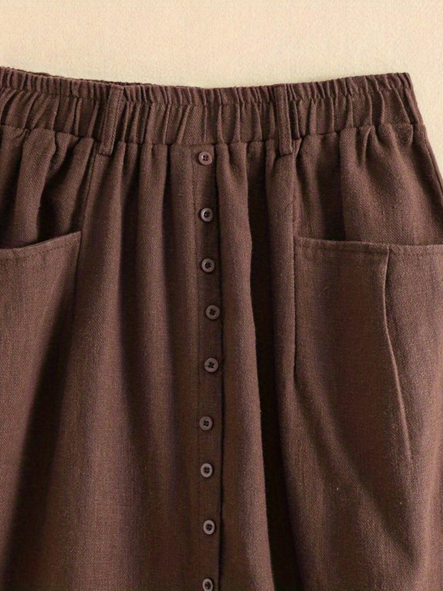Spring/Summer/Autumn Lightweight Korean-Style Vintage Linen Loose Skirt with Elastic Waistband and Pockets, Mid-Length Women's Skirt - Coffee Brown