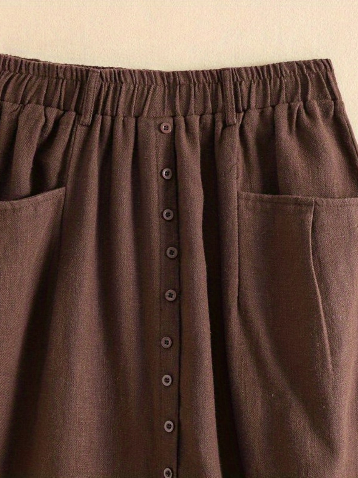 Spring/Summer/Autumn Lightweight Korean-Style Vintage Linen Loose Skirt with Elastic Waistband and Pockets, Mid-Length Women's Skirt - Coffee Brown