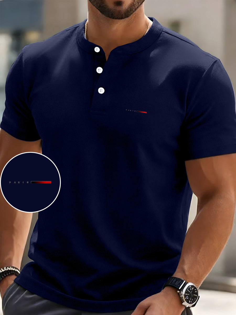 Men'S Summer Casual Short-Sleeve T-Shirt with a Easy Design, Breathable Round Neck, And Henley Button Front, Regular Fit Suitable for Outdoor Everyday Wear, Men'S Short-Sleeve Henley Shirt - Navy Color