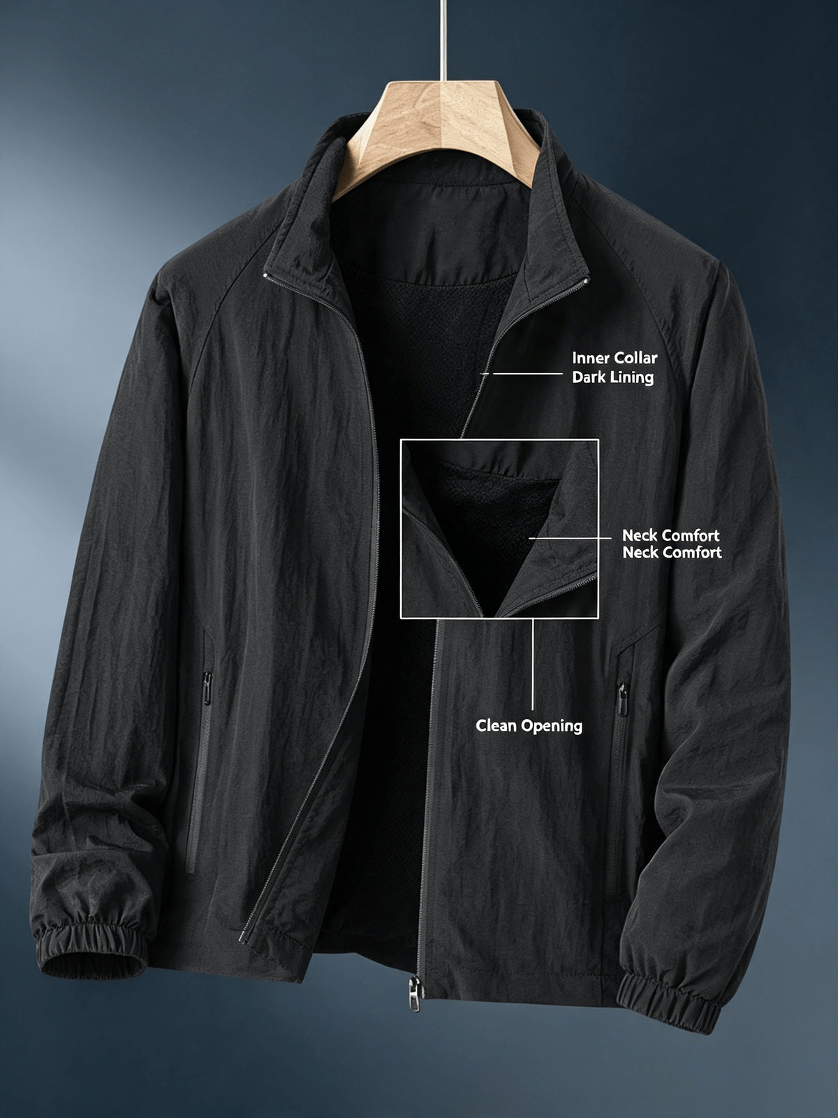 Men'S Lightweight Stand Collar Windbreaker Zip-Up Casual Jacket with Elastic Cuff, Outdoor Sports Coat - Black