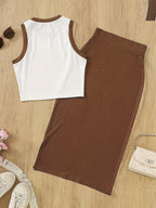 Women'S Sleeveless Vest And Slit Skirt Set - Coffee Color