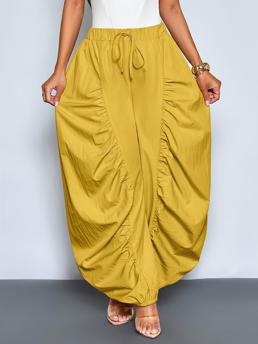 Women'S Fashion Solid Color Loose Casual Trousers, Pleated Design with Elastic Waistband, Wide-Leg Style, All-Season Versatile for Casual Wear Zzy Spring Summer - Mustard Yellow