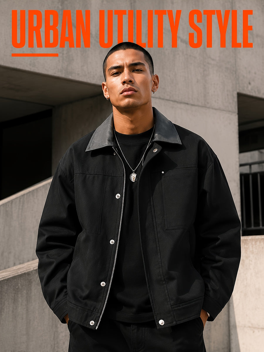 Men'S Color-Block Collar Cargo Jacket, Zipper Button-Front Double Breasted, Multi-Pocket Chest, Drop Shoulder Loose Short Retro Streetwear Coat - Black