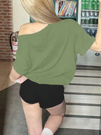 Women'S Casual Off-Shoulder Short Sleeve Number Print Pattern T-Shirt, Slouchy Casual Short Sleeve, Regular Loose Summer Short Sleeve Top - Tactical Green