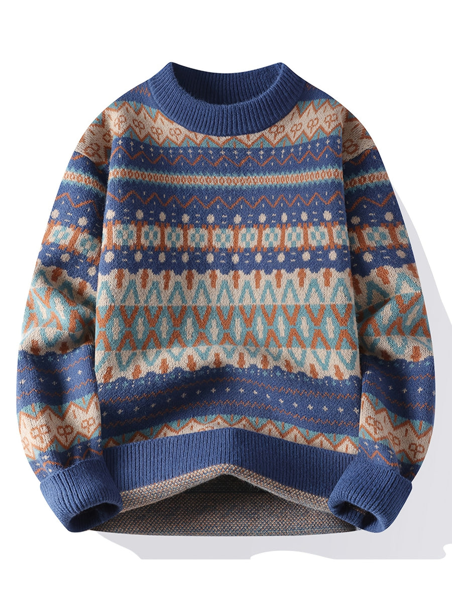 Men'S Round Neck Sweater, Autumn And Winter New Style, Personalized Ethnic Style, Fashionable Contrasting Color Knit Sweater, Warm Pullover, Base Top - Navy Color
