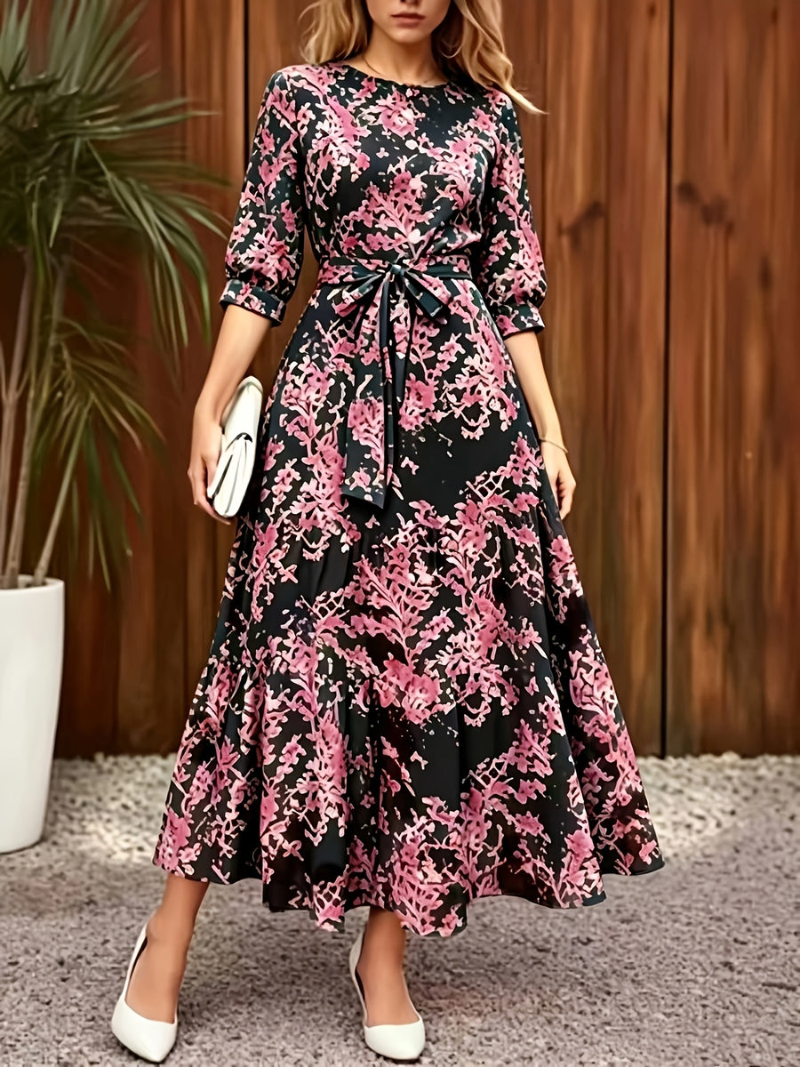 Elegant Casual Daily Office Street Round Neck Three-Quarter Sleeve Spring Summer Dress, Summer Dress - Black