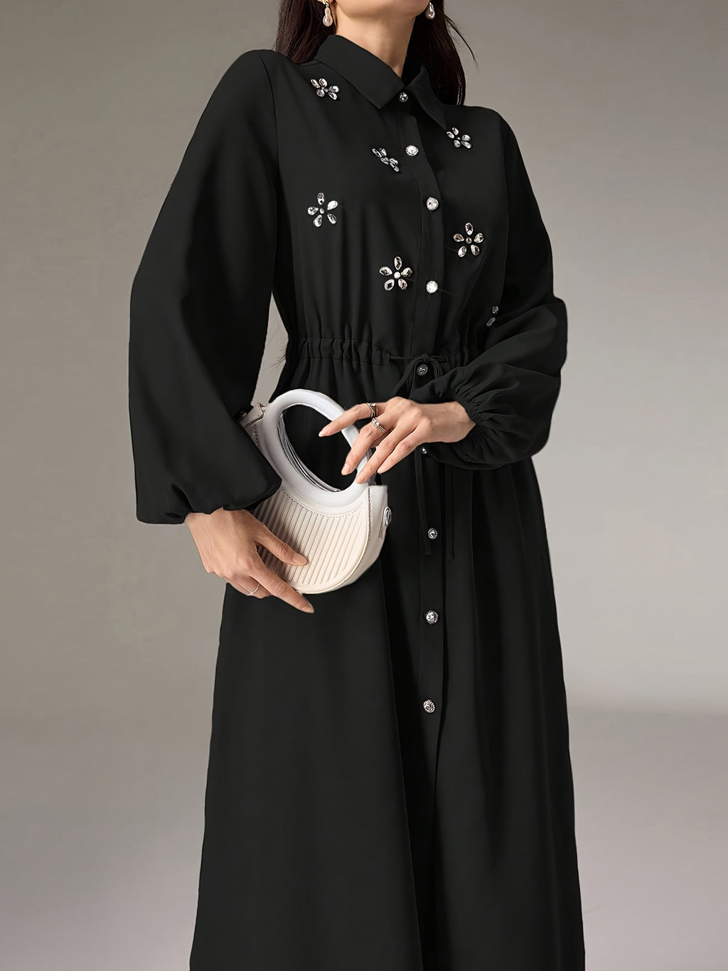 [2pcs Set] Elegant Temperament Solid Color Top And Bottom Set, Rhinestone Long Shirt Cardigan And Solid Elastic Waist Loose Straight Long Pants, Waist-Cinching Temperament Set, Suitable for Business Casual, Workwear, Daily Wear - Black