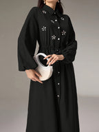 [2pcs Set] Elegant Temperament Solid Color Top And Bottom Set, Rhinestone Long Shirt Cardigan And Solid Elastic Waist Loose Straight Long Pants, Waist-Cinching Temperament Set, Suitable for Business Casual, Workwear, Daily Wear - Black