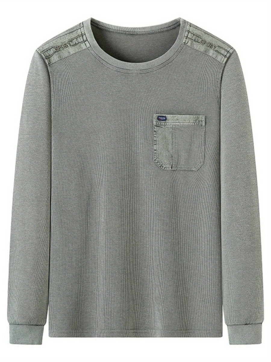 Men'S Distressed Waffle Long Sleeve Round Neck Top, Shoulder Patchwork And Pocket Design, Retro Casual Style - Light Green