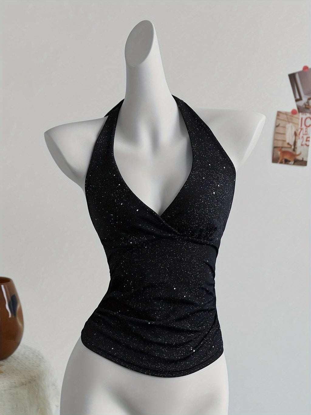Fashion Shiny Cross-Back Halter Neck Crop Top ZLLZ - Black