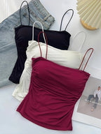 3pcs Set of Sexy and Elegant Women's Camisole with Waist Pleat Design, Suitable for Spring, Summer, and All Seasons - Black+white+red