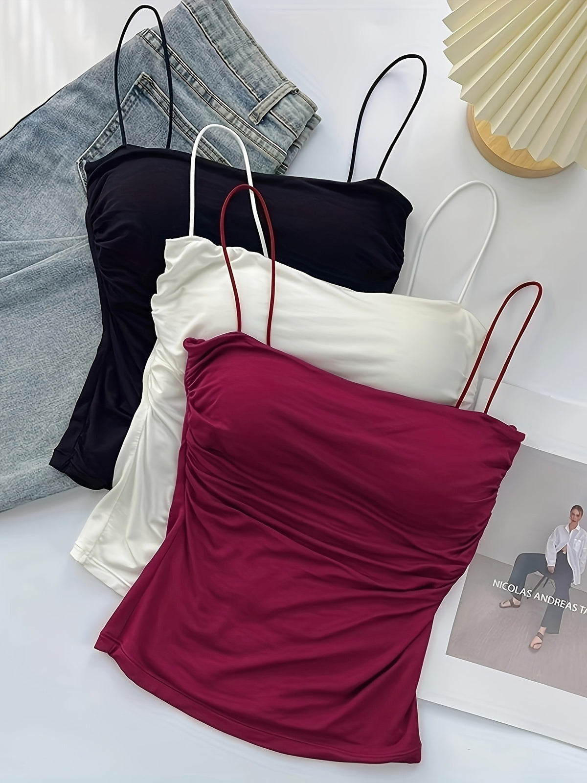 3pcs Set of Sexy and Elegant Women's Camisole with Waist Pleat Design, Suitable for Spring, Summer, and All Seasons - Black+white+red