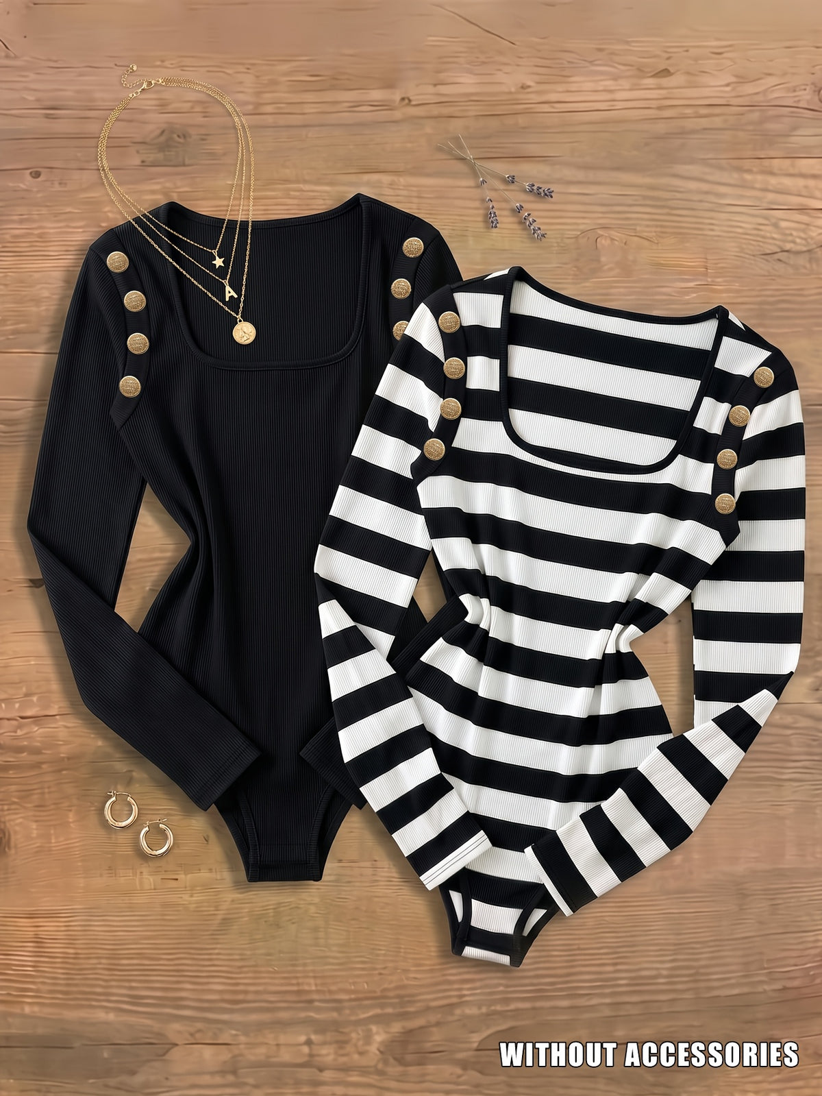 Spring/Autumn 2pcs Set, New Casual Versatile Long-Sleeve Bodysuit for Women, Square Neck Solid Color + Striped Top, Daily Slim-Fit Bodycon Base Layer Shirt - Black+Black And White Stripes