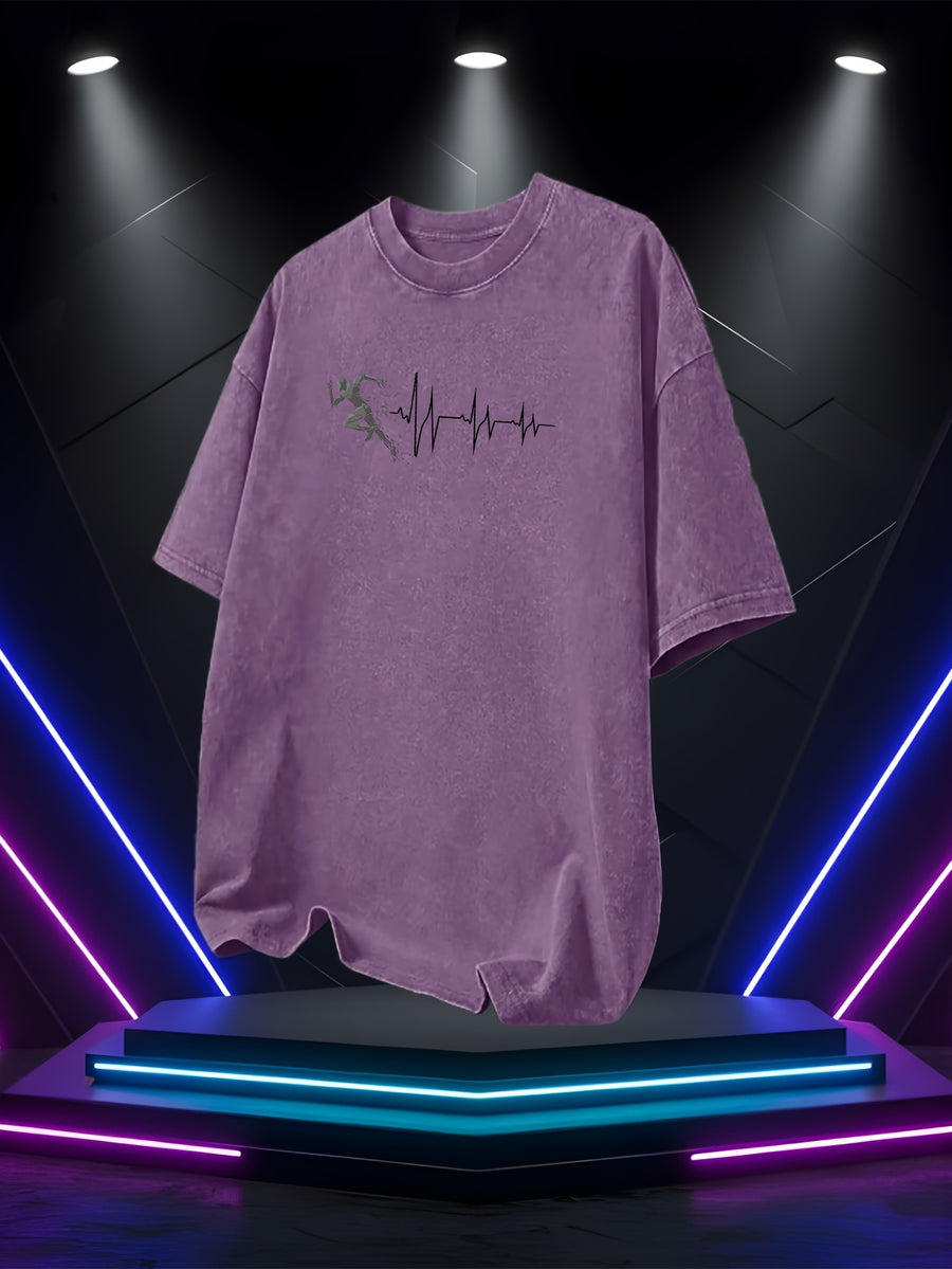 Men's Washed Short-Sleeve T-Shirt, Made of Pure Cotton Fabric That Is Breathable and Skin-friendly. The Relaxed Fit Is Comfortable and Versatile. Features a Creative Print of a Runner on the Front + EKG, Combining Athletic Passion with the Rhythm - Purple