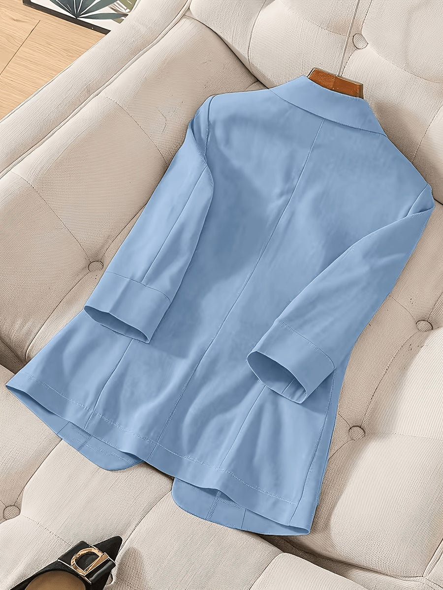 Women'S Casual Solid Single-Breasted Blazer, Spring/Summer Thin 3/4 Sleeve Lapel Coat - Sky Blue