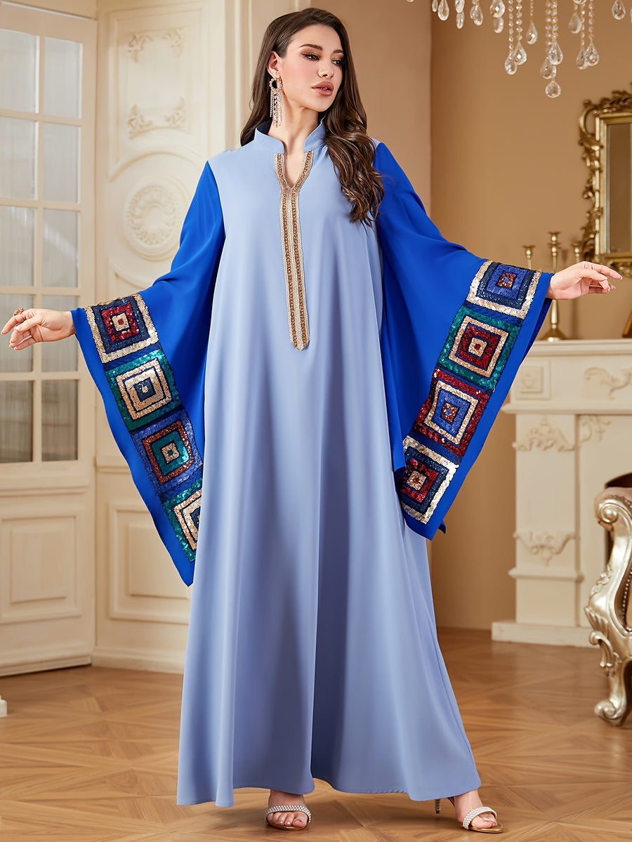 Women'S Spring Summer Fashion Sequin Appliqué Patchwork Ribbon V-Neck Contrast Loose Long Sleeve Arab Banquet Dress - Light Grey