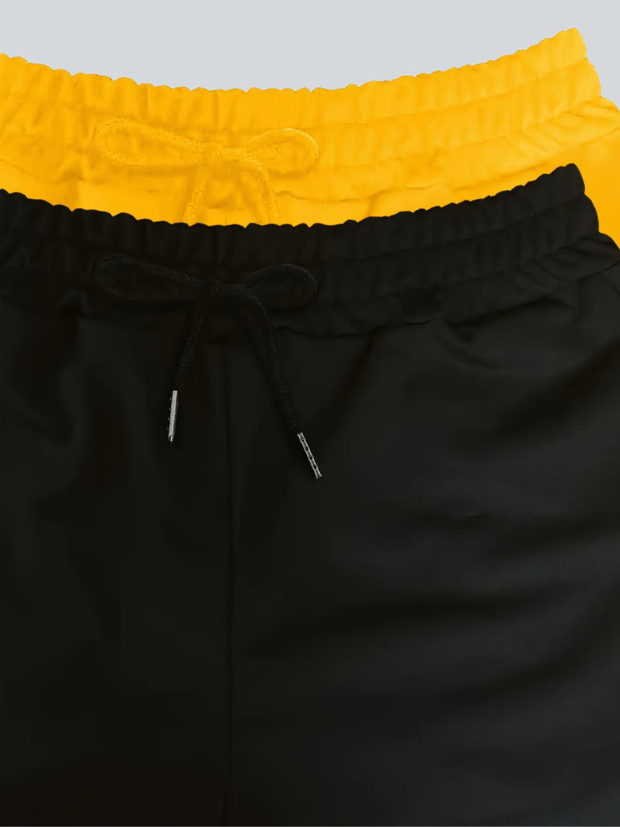 2pcs Plus Size Women'S Casual Wide-Leg Athletic Pocket Sweatpants, Solid Color Drawstring Pattern Printed Sweatpants - Black+Yellow