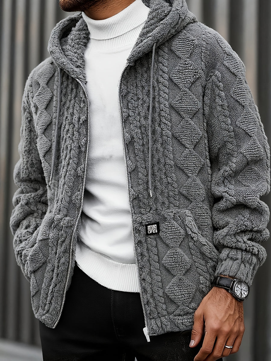 Thanksgiving Men'S Gift Easy Men'S Casual Jacket Hoodie Personalized Texture Jacquard Geometric Pattern Hooded Drawstring Full Zip Label Contrast Design Suitable for Daily Casual Fashion Classic Easy Outdoor Home Commute Warm Autumn Winter Men'S Plu - Dark Gray