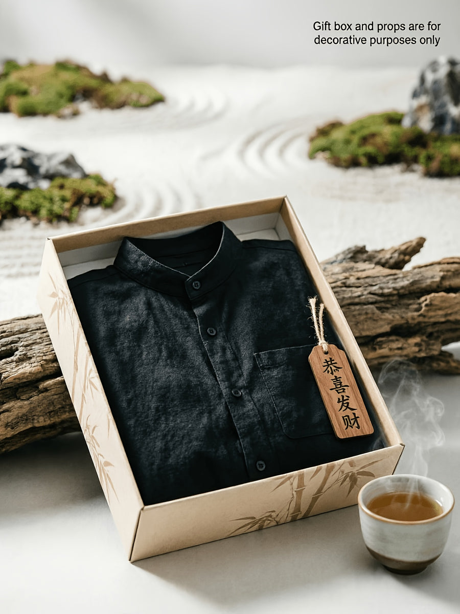 Spring New Men'S Linen Mandarin Collar Long Sleeve Shirt, Neo-Chinese Minimalist Style, Breathable Linen Fabric, Versatile Business Casual, Great Gift for Elders And Boyfriends, 1pc. Gift Box And Props Are for Decorative Purposes Solely - Black