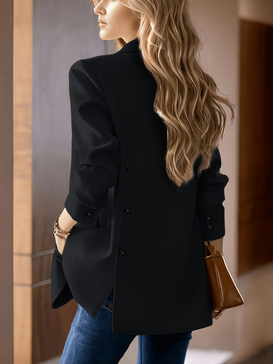(YYTT) Fashion Women'S Elegant Suit Jacket Trendy Casual Back Slit Button-Detail Solid Color Lapel Single-Button Suit Coat - Black