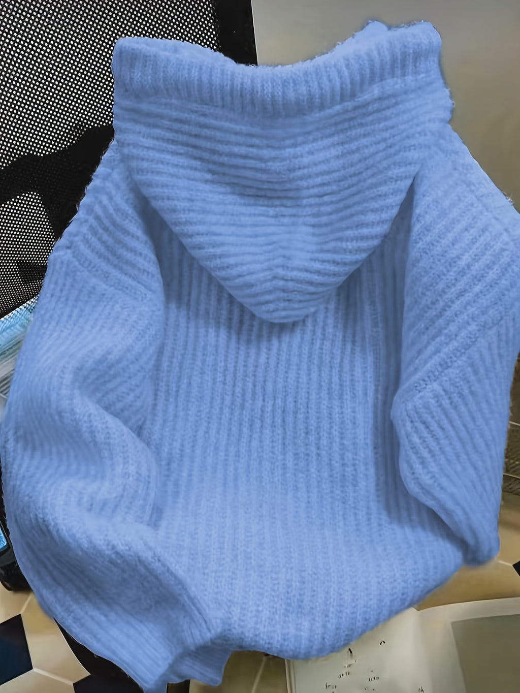 Hooded Chunky Cable- Sweater with Coarse Ribbed Texture, Tassels, Drawstring, Vertical Ribbed Detailing, and a Relaxed Fit. This Long-sleeve Pullover Features a Simple, Casual Design for a Laid-back and Effortless Look - Blue