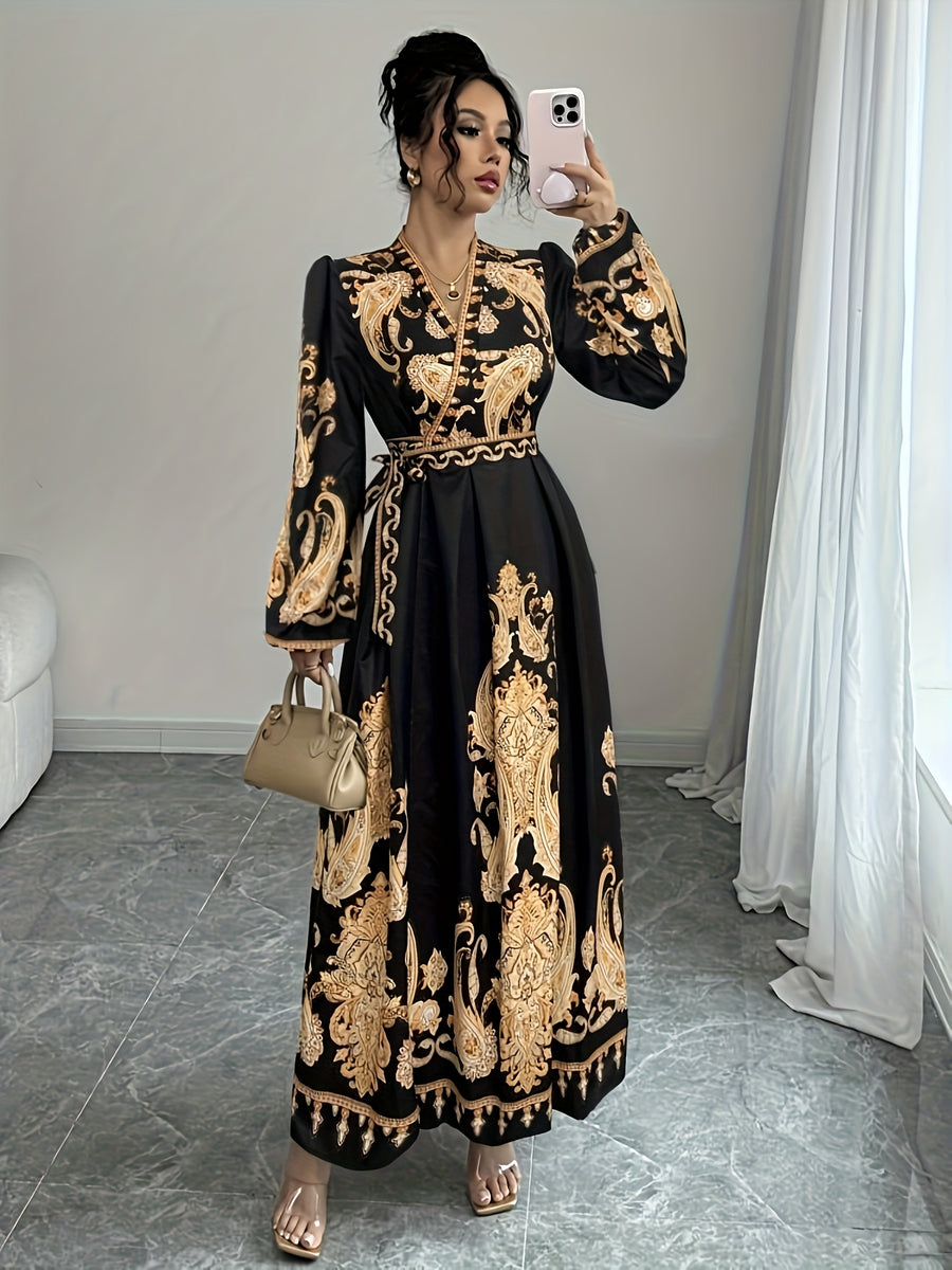 Women's French-Style Vintage Palace Wedding & Evening Gown - V-Neck Lantern Sleeve Maxi Dress with Adjustable Waist Tie , A-Line Train Dress for Proms, Galas, Special Occasions (Machine Washable) - Black