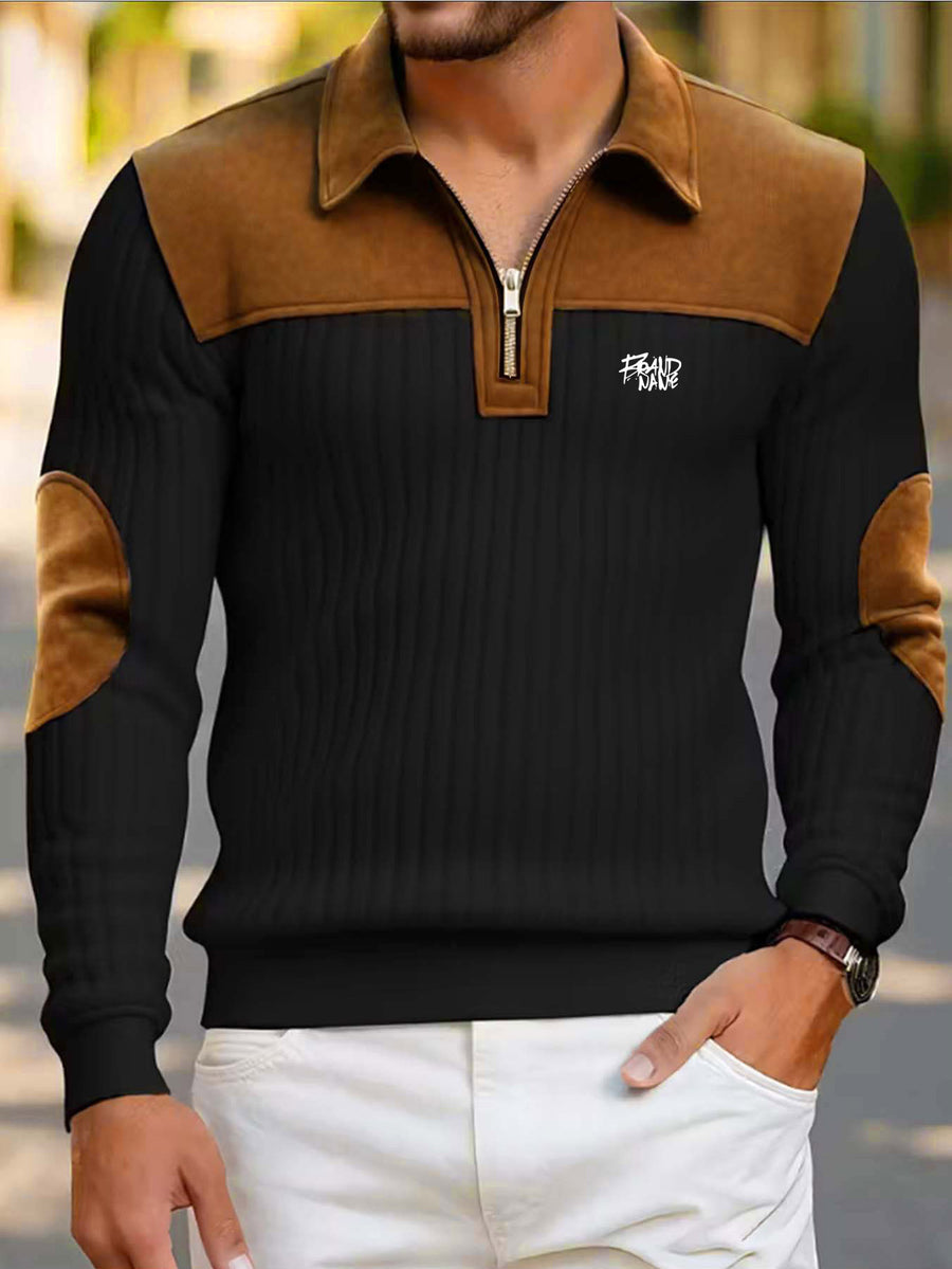 Men'S Contrast Half-Zipper Polo, with Brown Patchwork, Bi-Color Design Men'S Long Sleeve - Black