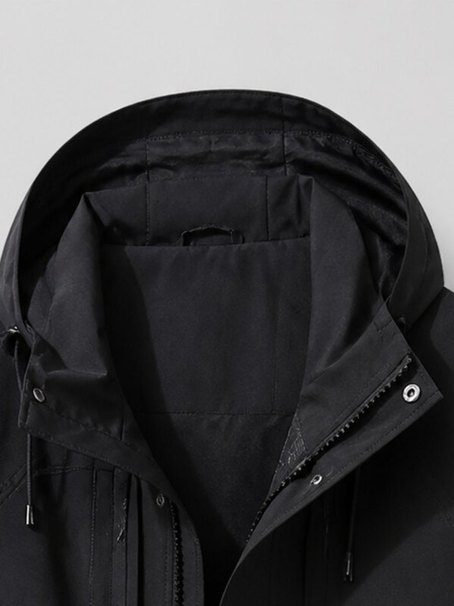 Men'S Hooded Utility Outdoor, Polyester Multi-Pocket Zip Outerwear Fall Travel, Hiking And Daily Wear - Black