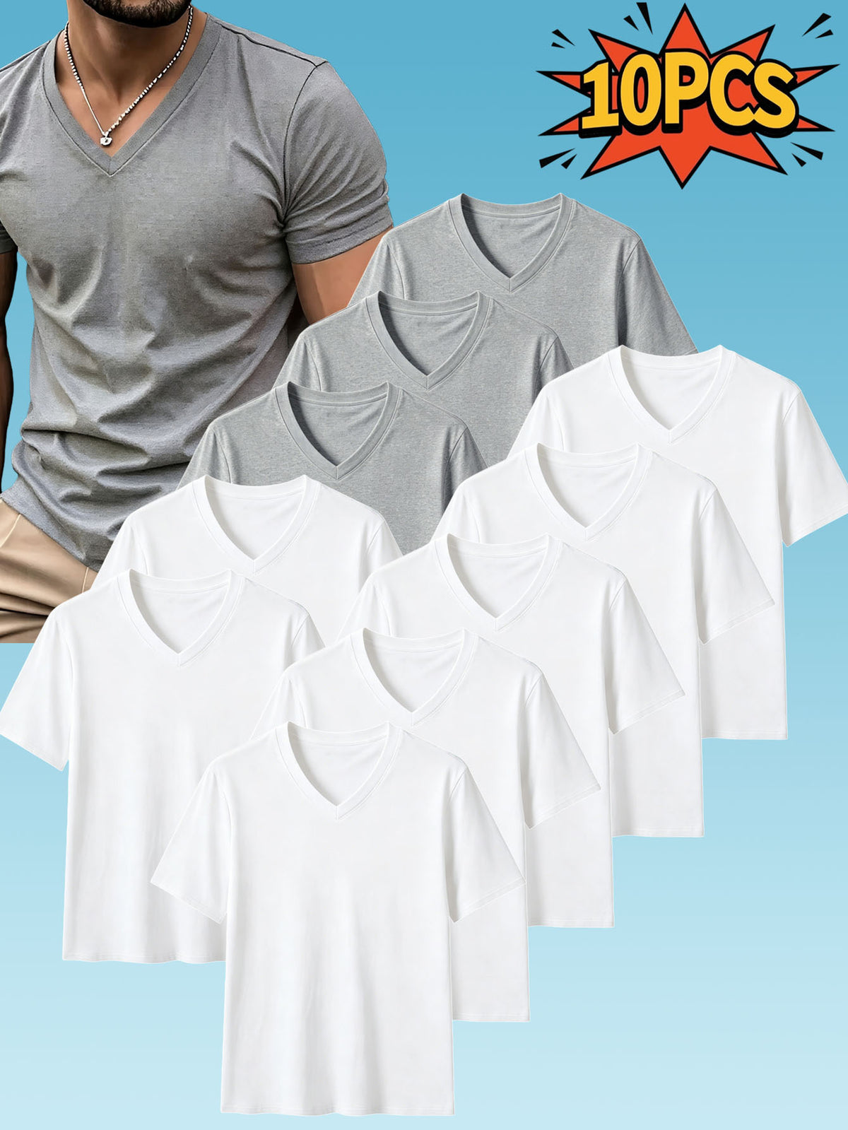 10pcs Men's Casual Knit Ribbed V-Neck T-Shirt / Soft and Comfortable Fabric / Short Sleeve / Solid Color / Crew Neck / Back-to-School Season, Casual Sporty Design Multi-pc Tops, Suitable for Summer Daily Wear - 7 pieces white + 3 pieces light gray