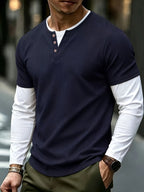 Spring/Autumn Men's Waffle Knit Henley Neck T-Shirt 2-in-1 Look Black and White Color Block Loose Long Sleeve Top - Navy Color