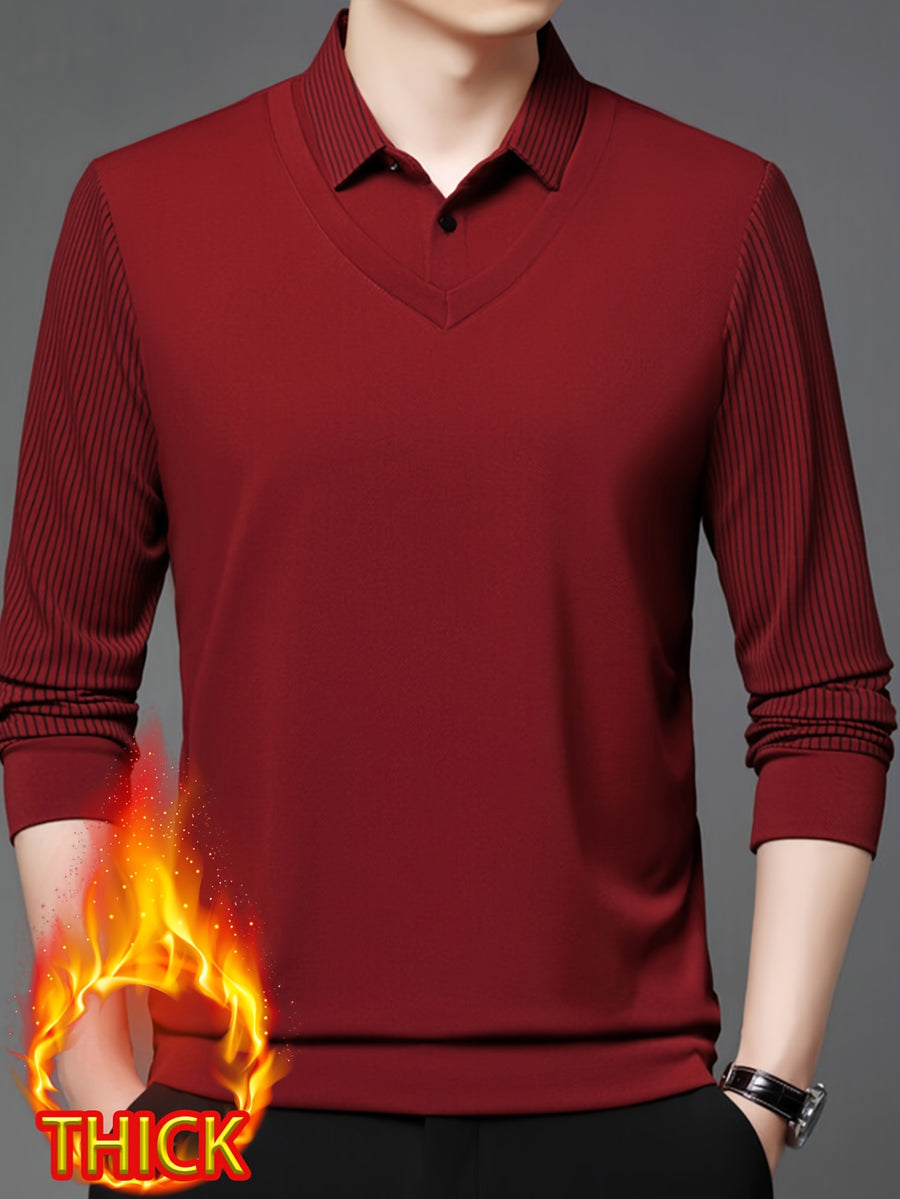 Men'S Autumn Casual 2pcs Collar Long Sleeve Top, V-Neck Vest with Striped Sleeves, Business Style, Suitable for Commuting And Entertaining - Red