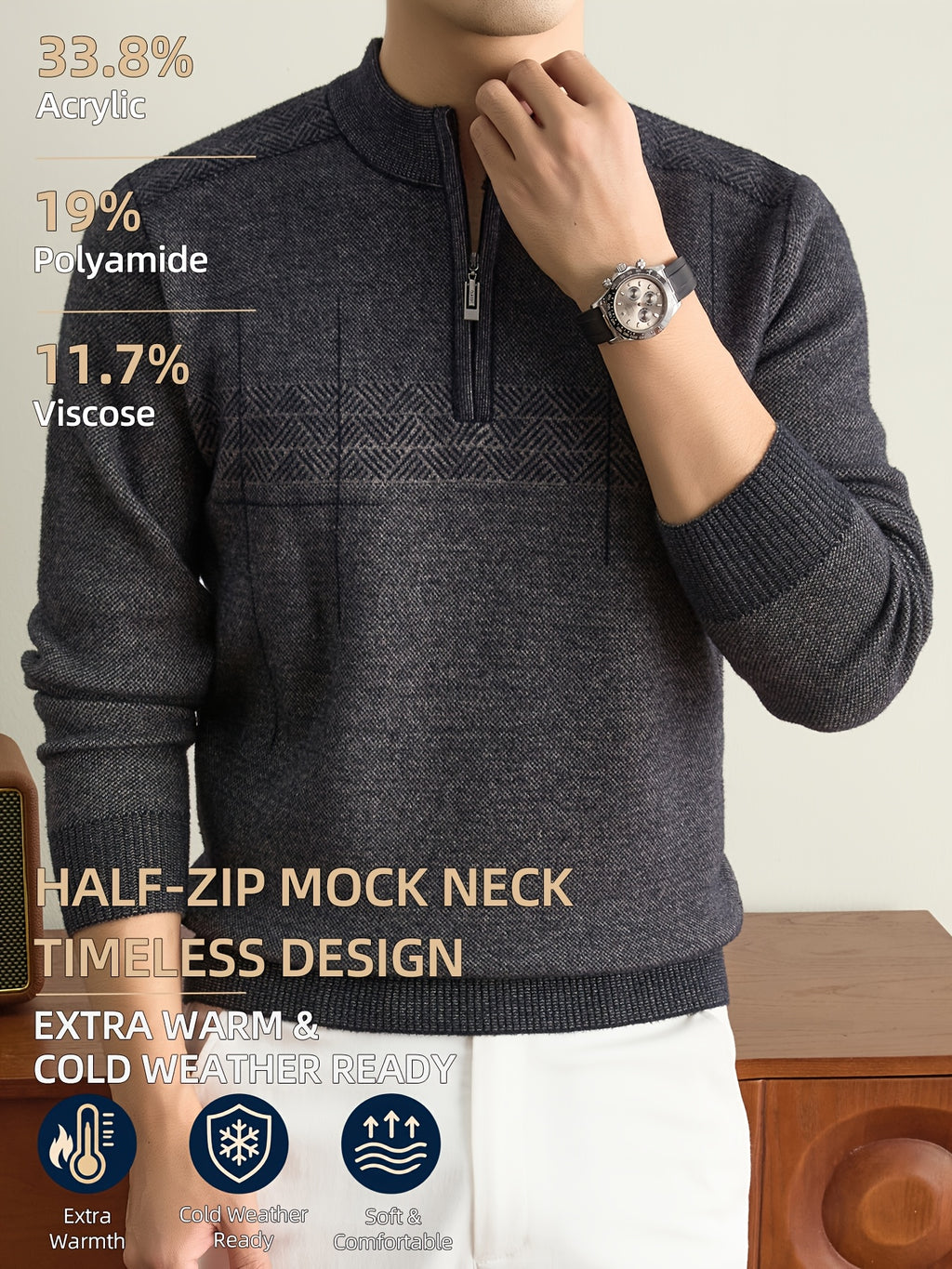 Men'S Half-Zip Knit Sweater, Classic Stand Collar And Textured Pattern, Thickened Warm Pullover in a Refined Timeless Style for Casual, Work, Hiking, Camping, Fishing, And Outdoor Wear - Medium Gray