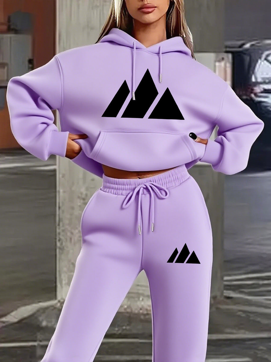 Hoodie Set with Black Triangle Pattern Letter Print Standard Round Neck - Purple