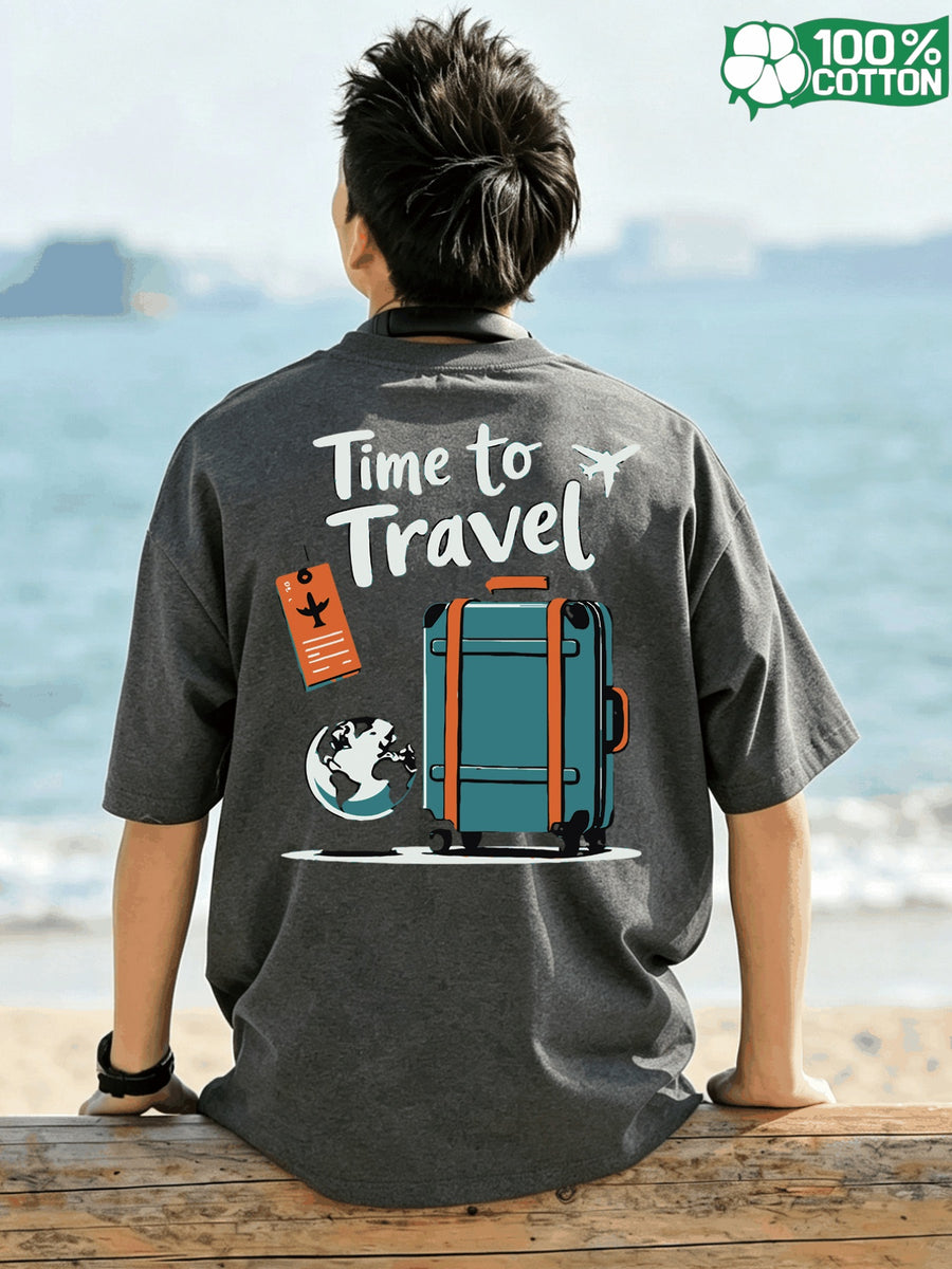 Short Sleeve T-Shirt Top, Crew Neck, Pure Cotton, Crew Neck, Popular Summer Travel Time, Suitcase, Globe, Luggage Tag Illustration Design, Versatile Style, Holiday, Breathable Pattern Print, New Summer Fabric, Comfortable for Daily Outings - Deep Gray