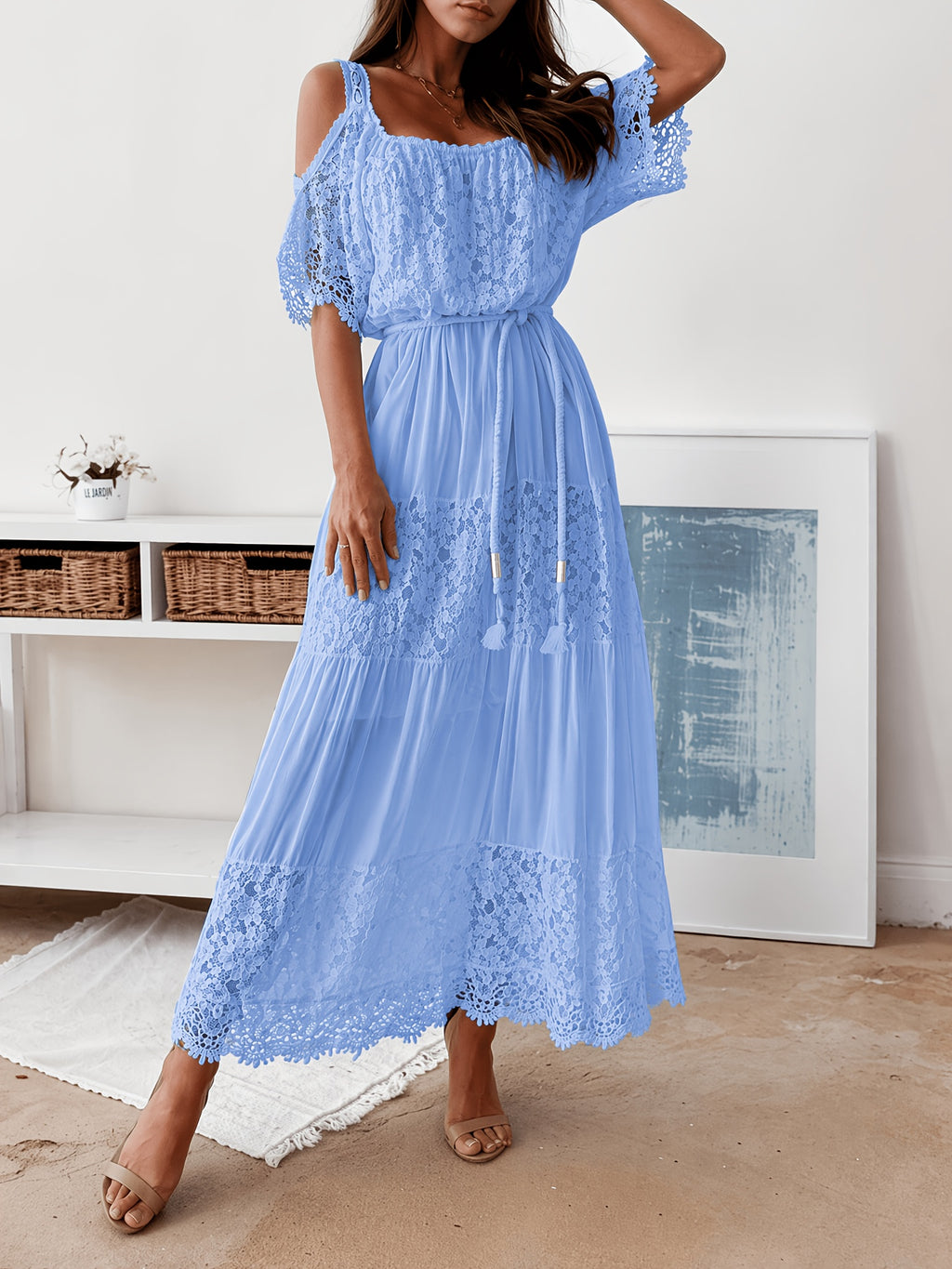 Latest Global Style Women's Bridesmaid Dress, Solid Color No Print, Casual and Appropriate, Fitted at the Top and Loose at the Bottom, Detailed Waistband, High-End Feel Wedding Guest Attire - Sky Blue