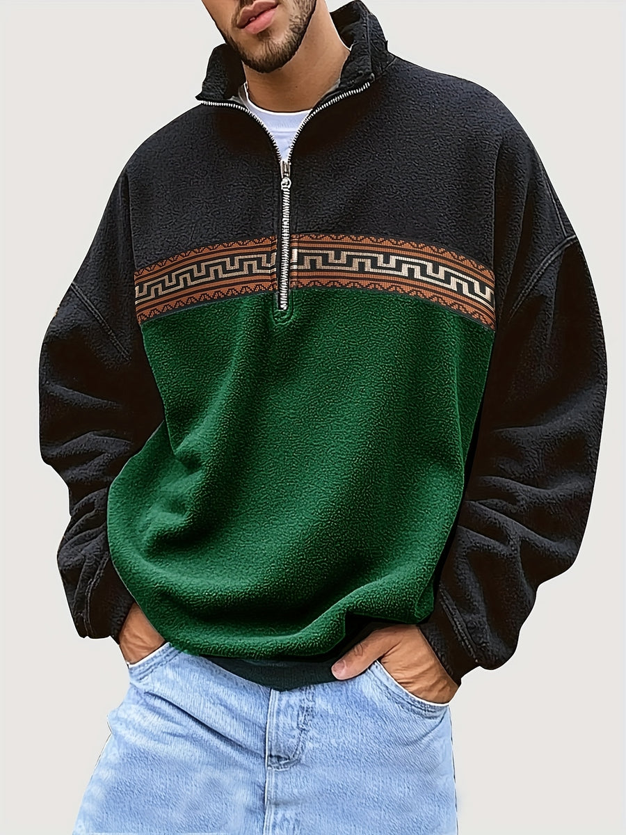 Men'S Fleece Ethnic Style Webbing Color Block Stand-Up Collar Sweatshirt Warm Casual Jacket - fern green