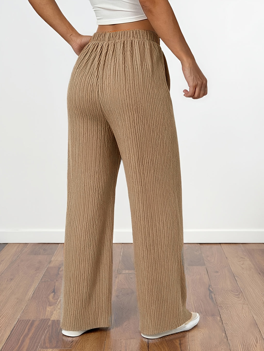 Spring/Autumn Women's Flowy Casual Straight-Leg Pants, Loose-Fit Breathable Wide-Leg Trousers with Faux Drawstring and Pockets, Comfortable and Versatile Summer Outdoor Pants - Khaki