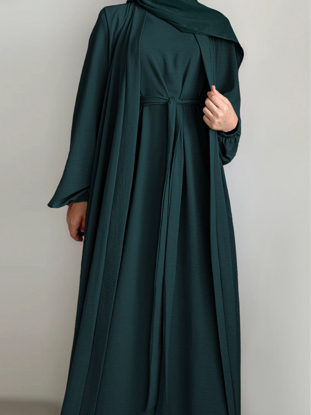 New Middle Eastern Dubai 3pcs Abaya Set - Women'S Traditional Belted Waist Dress with Cardigan And for Ramadan - Dark Cyan