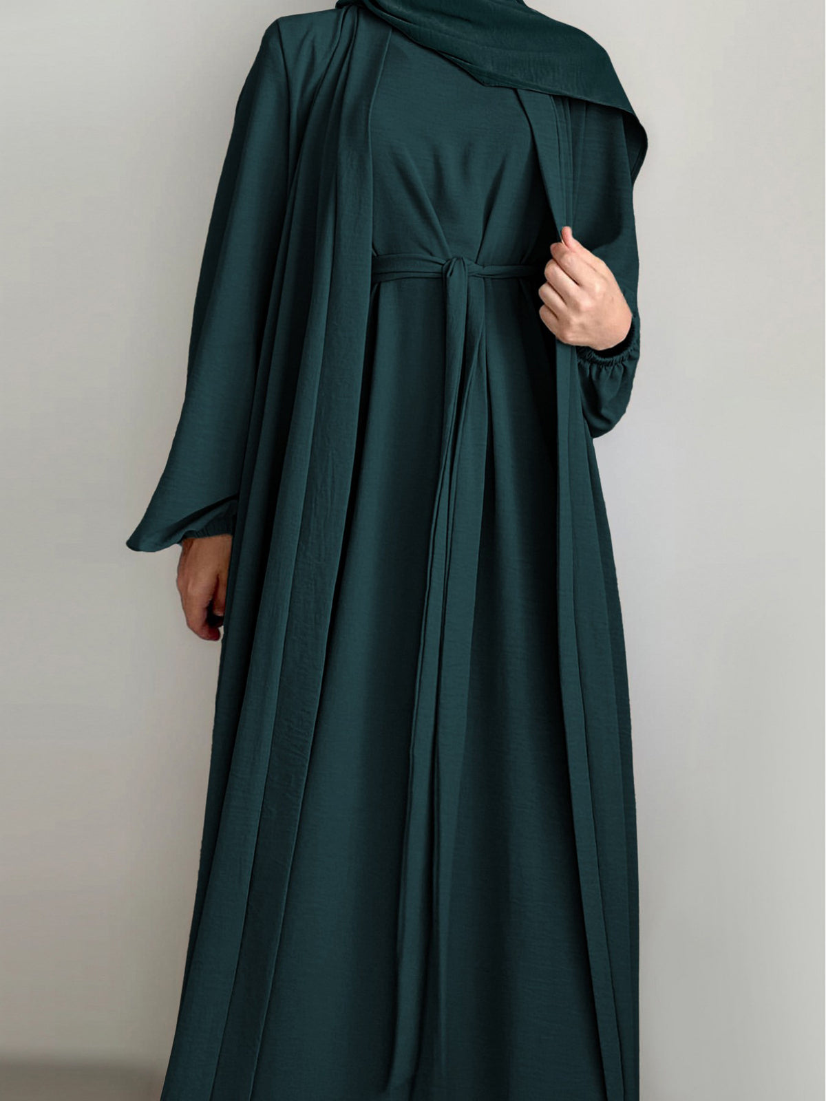 New Middle Eastern Dubai 3pcs Abaya Set - Women'S Traditional Belted Waist Dress with Cardigan And for Ramadan - Dark Cyan