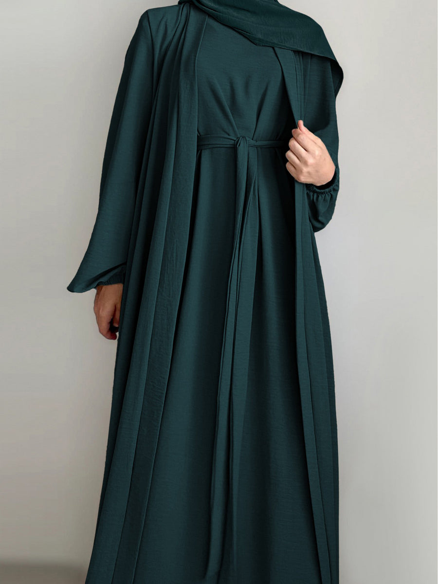 New Middle Eastern Dubai 3pcs Abaya Set - Women'S Traditional Belted Waist Dress with Cardigan And for Ramadan - Dark Cyan