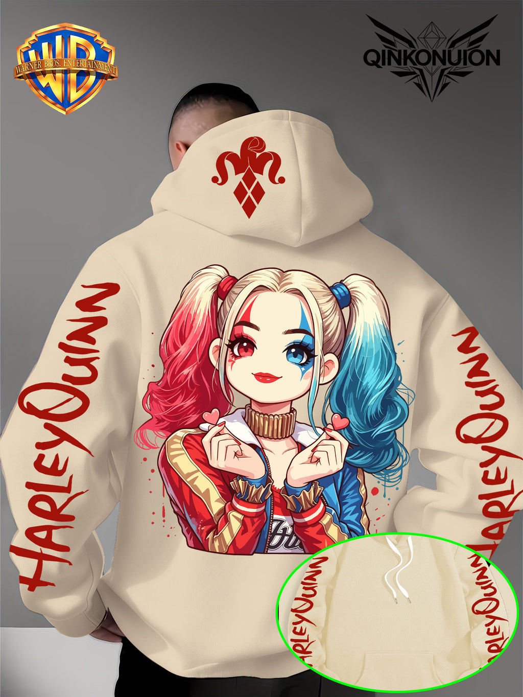 Warner Official Men'S Hoodie, Q-Version Quinn Red Blue Double Ponytail Cute Print Design, Machine Washable, Warm And Casual for Autumn And Winter, Daily Drawstring Hoodie, Multifunctional Sports And Casual Loose Fit - Apricot
