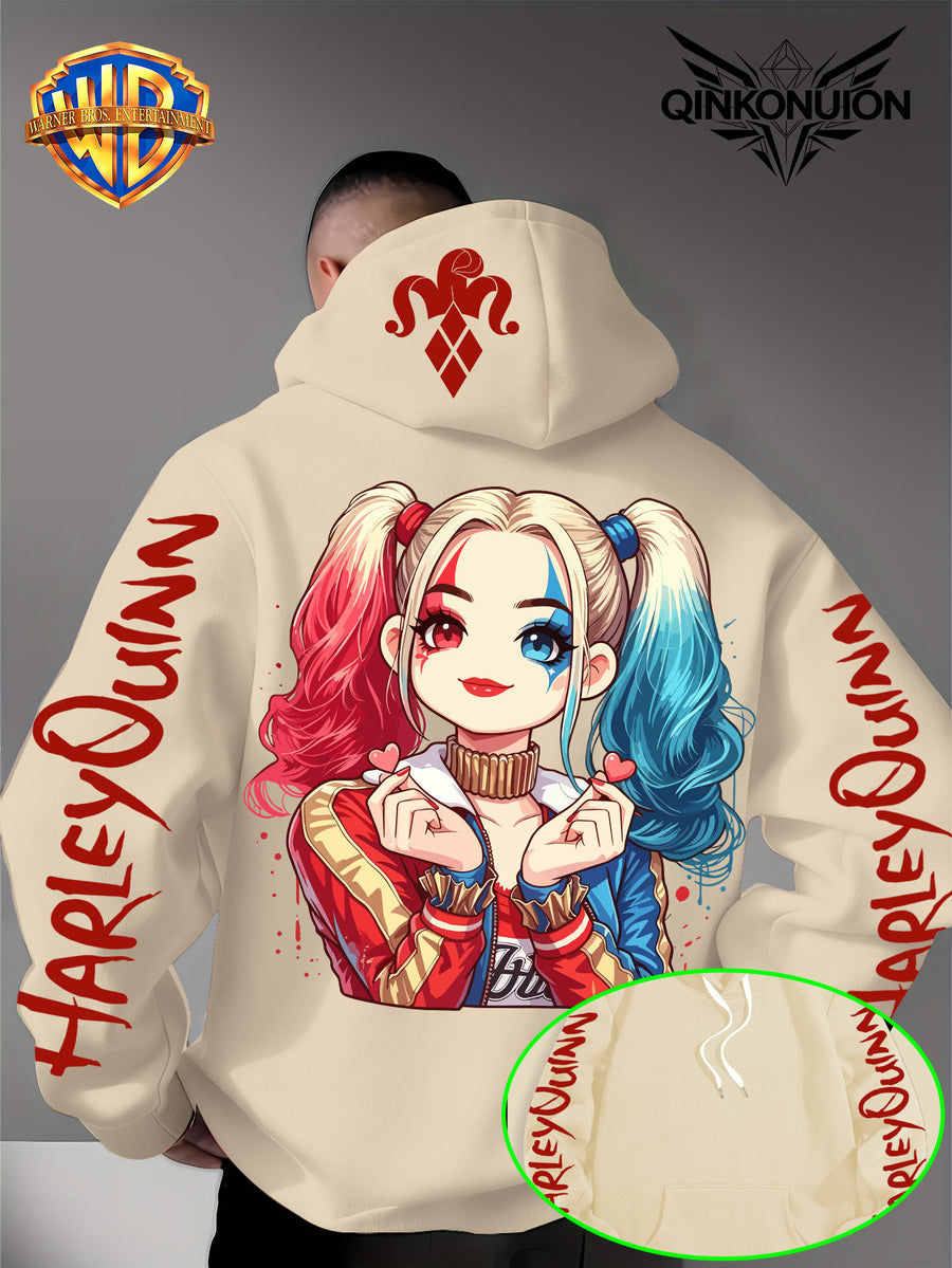 Warner Official Men'S Hoodie, Q-Version Quinn Red Blue Double Ponytail Cute Print Design, Machine Washable, Warm And Casual for Autumn And Winter, Daily Drawstring Hoodie, Multifunctional Sports And Casual Loose Fit - Apricot