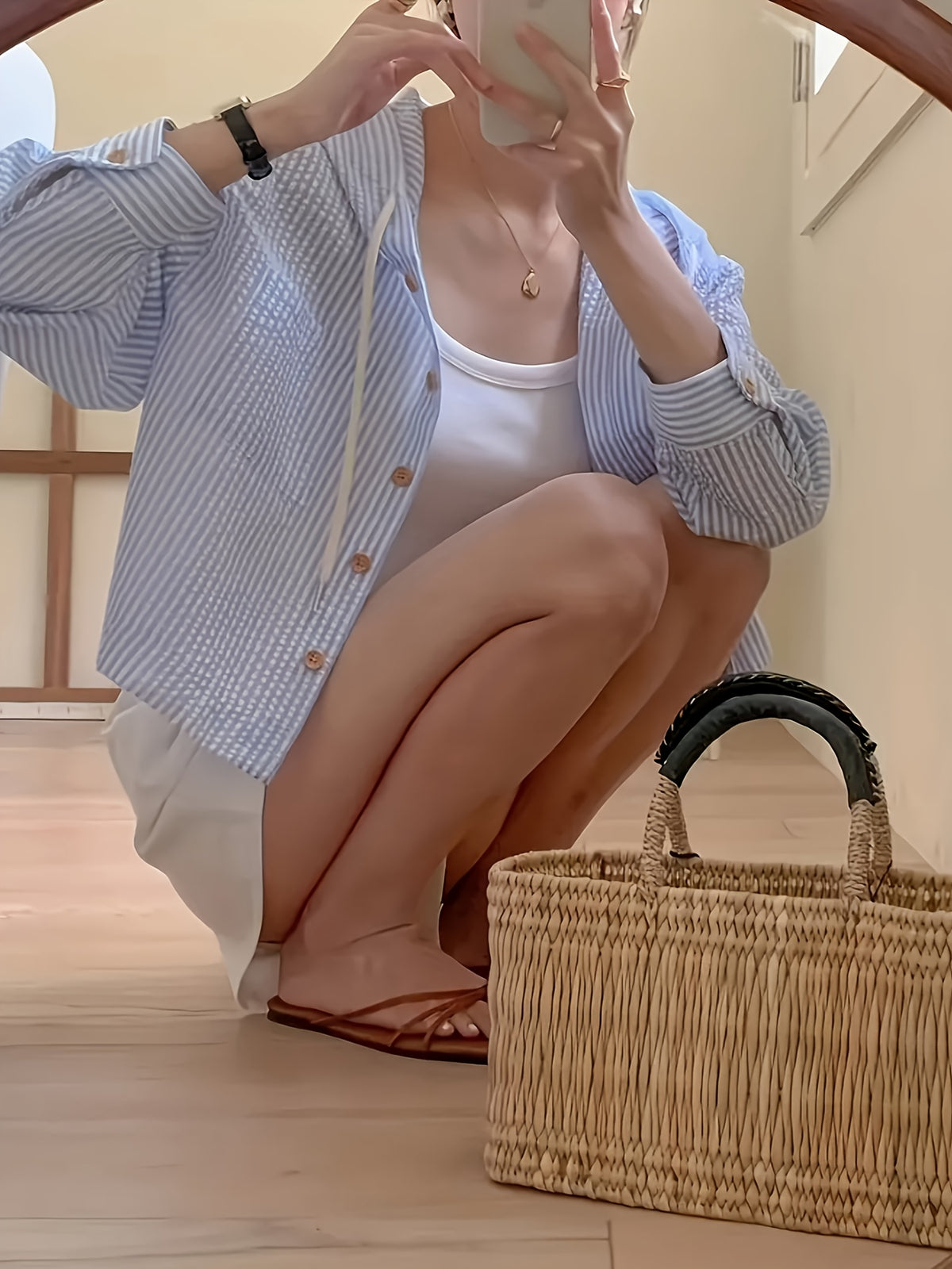 Versatile Single-Breasted Striped Color-Blocking Short Loose Vacation Long-Sleeved Hooded Shirt Women - Deep Sky Blue