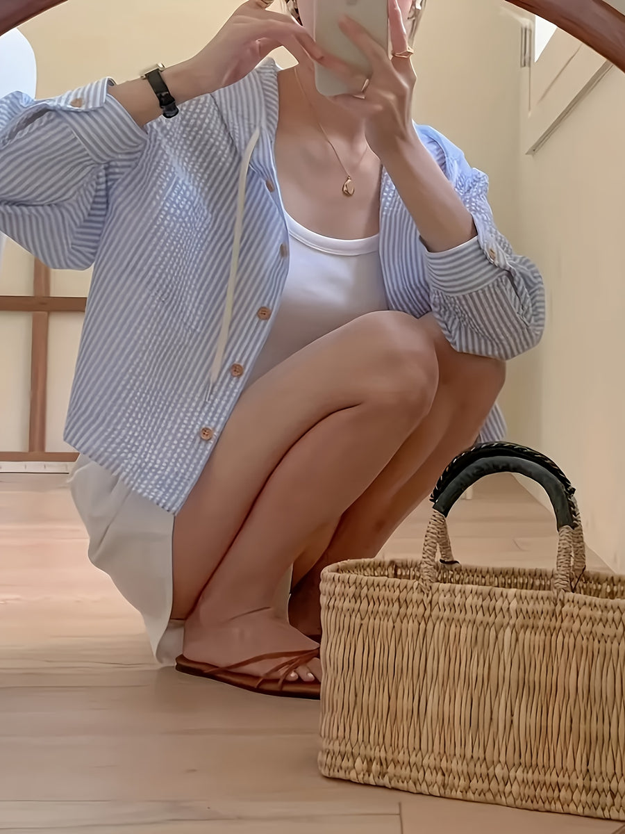 Versatile Single-Breasted Striped Color-Blocking Short Loose Vacation Long-Sleeved Hooded Shirt Women - Deep Sky Blue