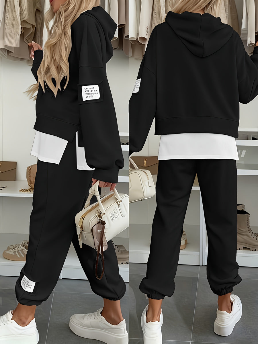Women's Hooded Patchwork Casual Swear Set, Fashionable Commute Style, Unique Tag Design on Sleeves and Pants, 2-in-1 Look Hooded Top + Pants Set, -Lined for Autumn/Winter, Machine Washable - Black